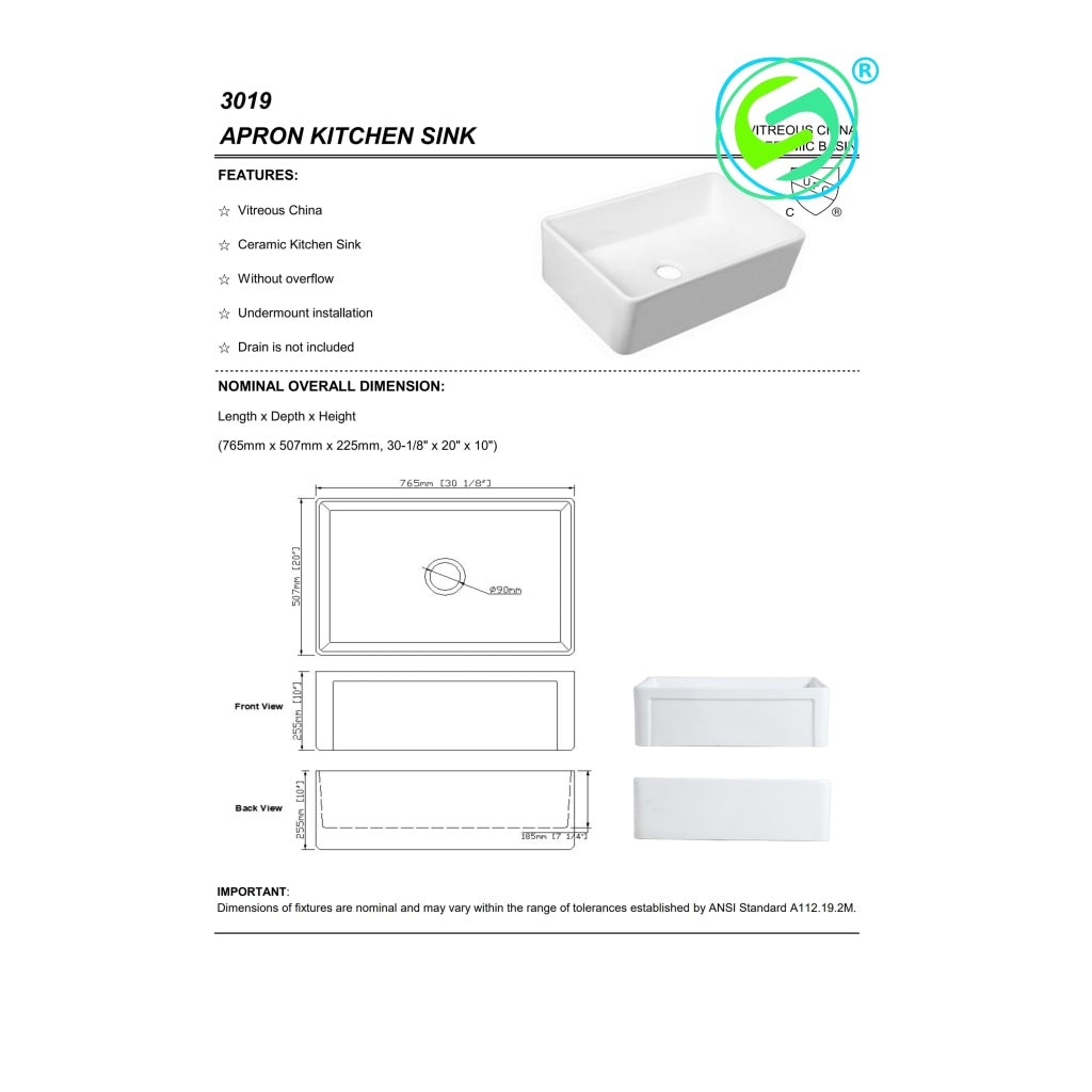 Apron Kitchen Sink Ks3019S