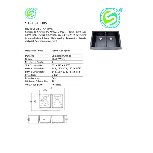 Kitchen Granite Composite Apron Sinks Apgs3322D-Bk