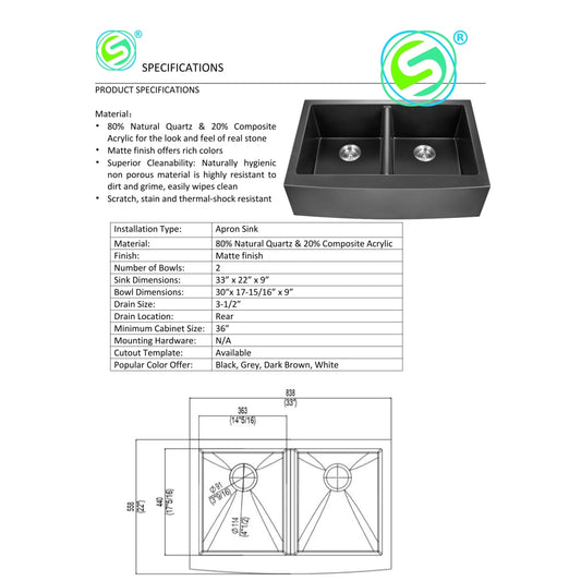 Kitchen Granite Composite Apron Sinks Apgs3322D-Wh