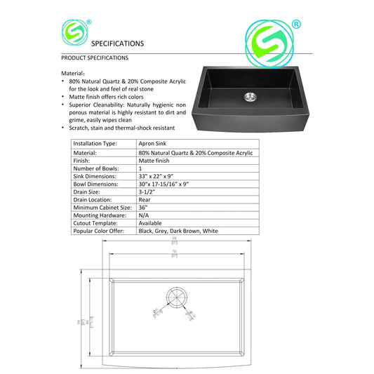 Kitchen Granite Composite Apron Sinks Apgs3322S-Wh