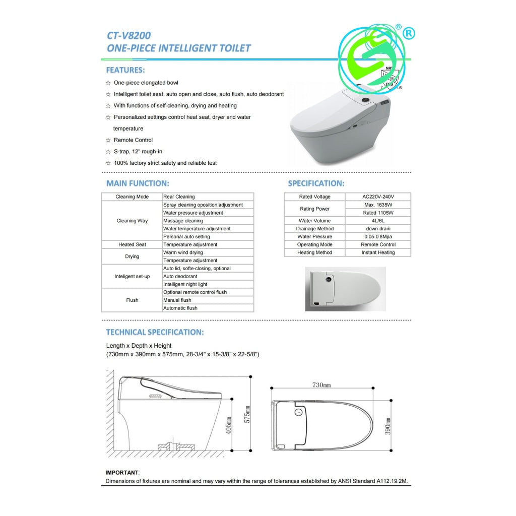 One-Piece Intelligent Toilet Ct-V8200